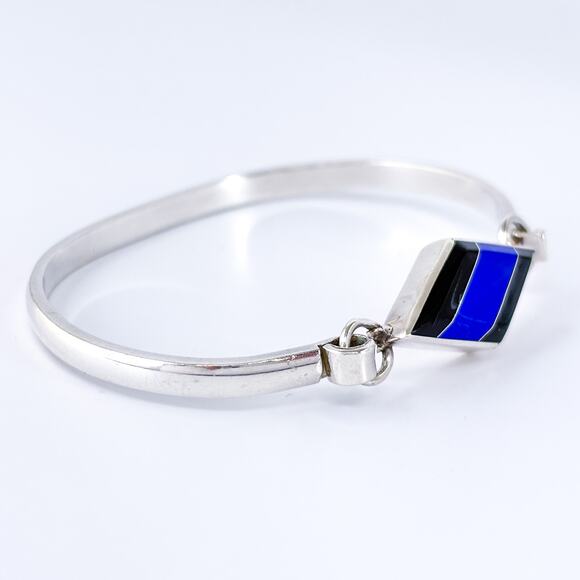 Vintage Taxco Sterling Silver 925 Inlay Bracelet w/ Lapis & Onyx 7” - Picture 3 of 9